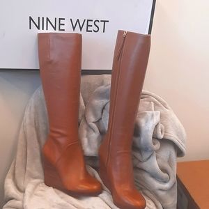 Nine West tall wedge heel cognac brown leather boots